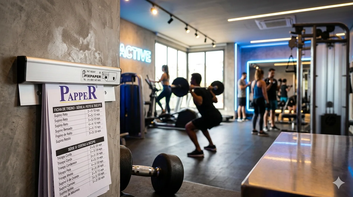 FixPaper com ficha de treino na academia