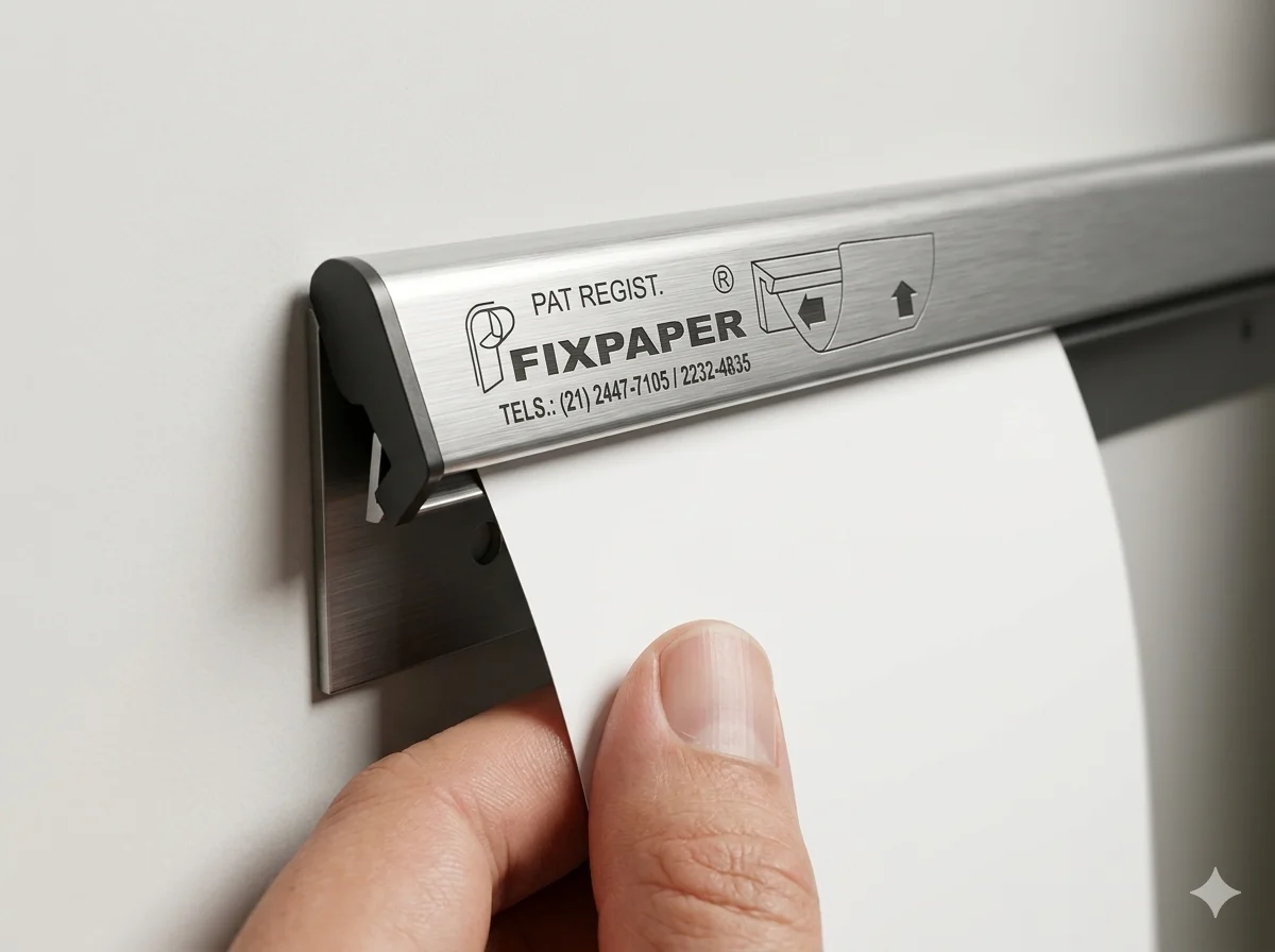 Close-up de papel sendo inserido no FixPaper com facilidade