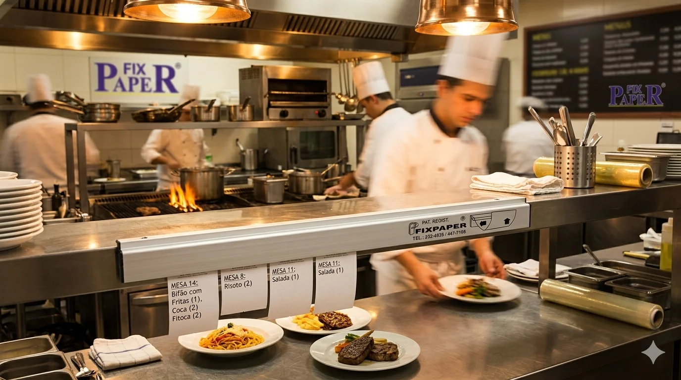 FixPaper segurando comandas em cozinha profissional